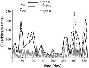 Fig. 2. Temporal dynamics of solute concentration at the output end