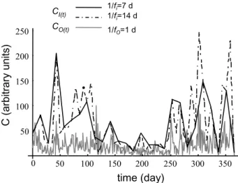 Fig. 2. Temporal dynamics of solute concentration at the output end