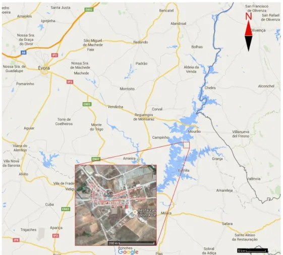 Figura 3.1- Localização geográfica da Aldeia da Luz, distrito de  Mourão, con selho de   Évora,  Portugal