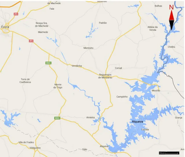 Figura  3.6 -  Localização  geográfica  da  albufeira  do  Alqueva;  imagem  adaptada  de  Google  Maps, 25 de novembro de  2015