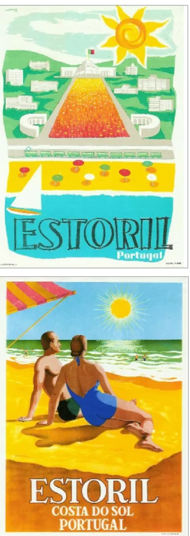 Figura 4  Cartaz  ‘ESTORIL Portugal’ Autor   Carlos Ribeiro Tiragem  600 exemplares Impressão  Litografia Pátria  Porto Fonte  Cascais e seus lugares  n.º 11, Março 1957 Figura  5   Cartaz  ‘ESTORIL  COSTA DO SOL  PORTUGAL’ Autor  Emmerico H