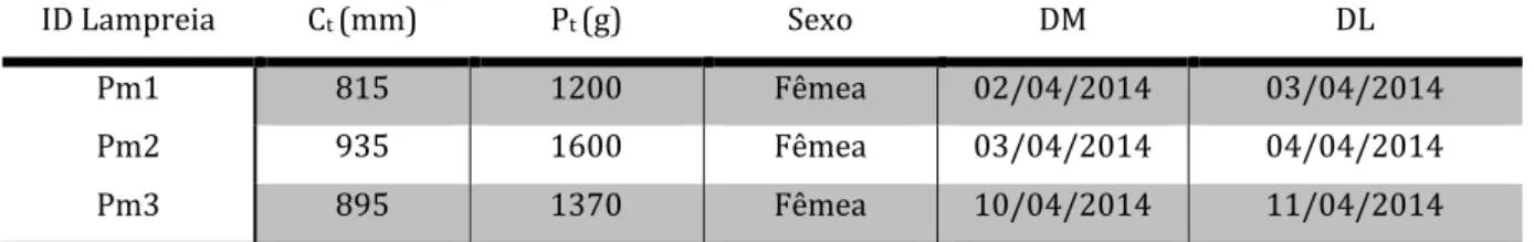 Tabela 5: Número de lampreias-marinhas marcadas com transmissores EMG, respetivo comprimento total  médio - C t  (± dp), peso total médio P t  (± dp), sexo, data de marcação (DM) e data de libertação (DL)