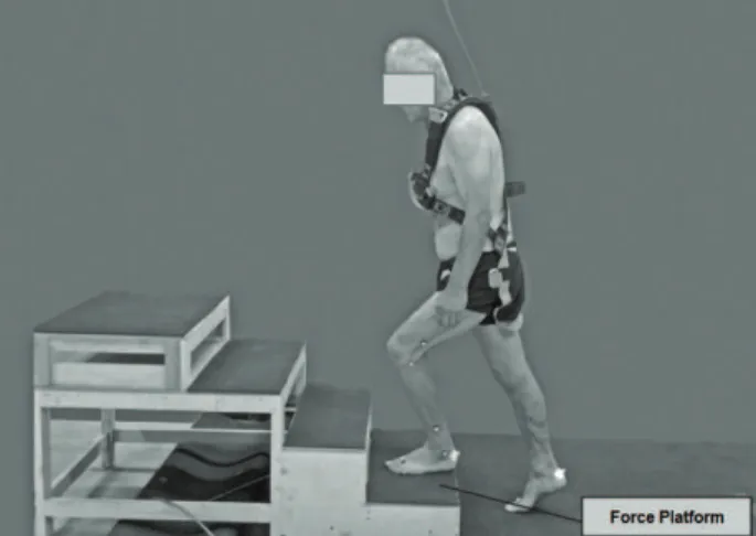 Figure 1. Position of the force platform in the stairs and a participant using the safety harness.