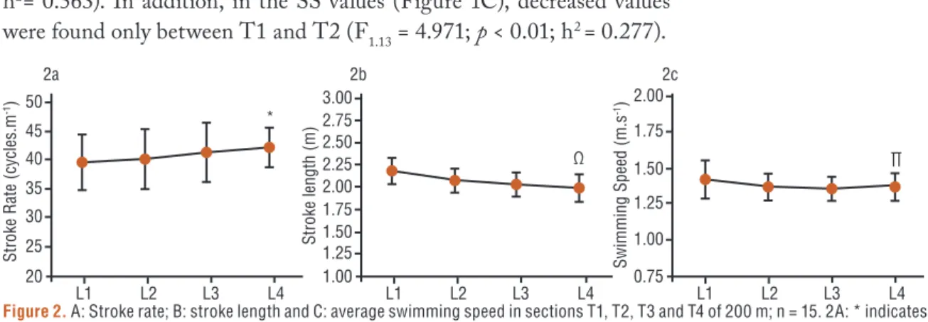 Figure 2. A: Stroke rate; B: stroke length and C: average swimming speed in sections T1, T2, T3 and T4 of 200 m; n = 15
