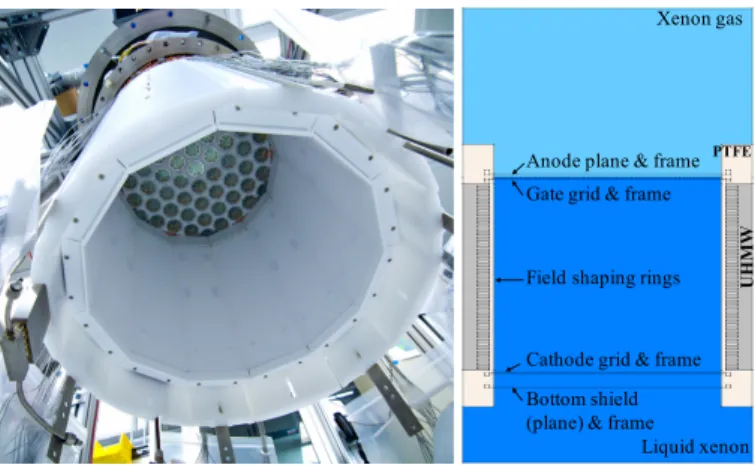 Figure 2 . Left: bottom view of the LUX detector showing the regular dodecagonal prism shape, the PTFE panels, and the top PMT array