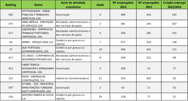 Tabela 13 - Maiores criadores de emprego em 2013. 