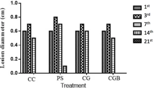Figure 4. Evolution of the diameter of the skin lesion in mice on days on 3rd, 7th, 14th, and 21st days of treatment with Physiological Saline (PS), Collagenase Clostridium histolyticum ointment (CC), pure chitosan gel (CG), and chitosan gel with buriti oi