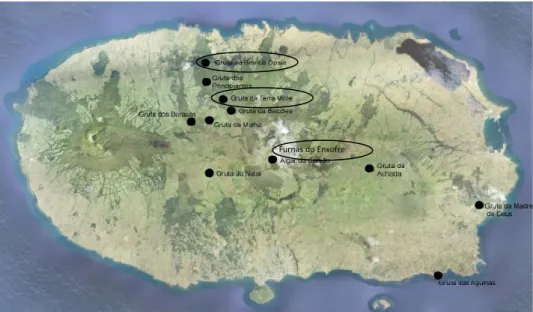 Figura 6. Mapa da ilha Terceira com os pontos de amostragem (adaptado de Hathaway, 2010)