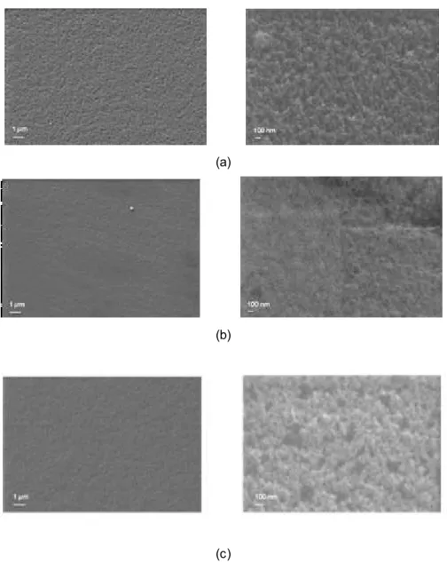 Figure  3.2.2  –  SEM  images  of  (a)  SF/Gly/CA1,  (b)  SF/Gly/TA05  and  (c)  SF/Gly/TA1  membranes   (Magnifications  of 500x and  20000x)