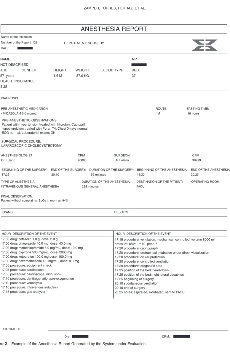 Figure 2 – Example of the Anesthesia Report Generated by the System under Evaluation.