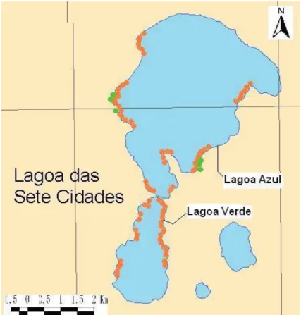 Figura 9. Na Lagoa das Sete Cidades estão assinaladas com a cor laranja as áreas onde foram  colocadas  as  armadilhas  e  as  zonas  onde  foram  encontradas  as  galerias  estão  assinaladas  a  verde (fonte: Universidade dos Açores, Secção de Geografia)