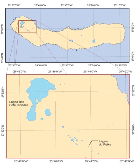Figura 2. Localização da Lagoa das Sete Cidades e da Lagoa do Peixe (fonte: Universidade dos Açores, Secção de Geografia)