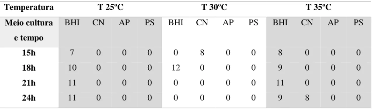 Tabela  7:  Atividade  antimicrobiana  do  sobrenadante  do  isolado  S114d  a  temperaturas  de  25ºC,  30ºC  e  35ºC,  para os meios BHI, CN, AP e PS (atividade inibitória sobre M