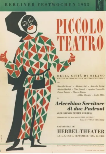 Figura 6 - “Cartaz publicitário da peça “Arlecchino Servitore di Due Padroni” (1953,  segunda versão), de Giorgio Strehler, dimensões:42x60”