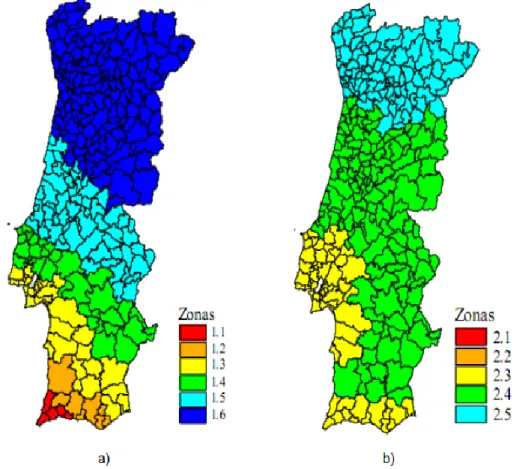 Figura 3.24 – Zonas sísmicas de Portugal continental: a) ação sísmica Tipo 1; b) ação sísmica Tipo 2,  retirado de EC8 (2009)