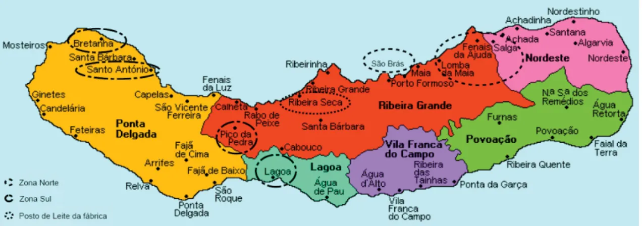 Figura 2: Distribuição dos postos de leite pela ilha de São Miguel, Açores. Primeira Zona (Zona  Norte), Segunda Zona (Zona Sul) e posto de leite da fábrica (T.23)