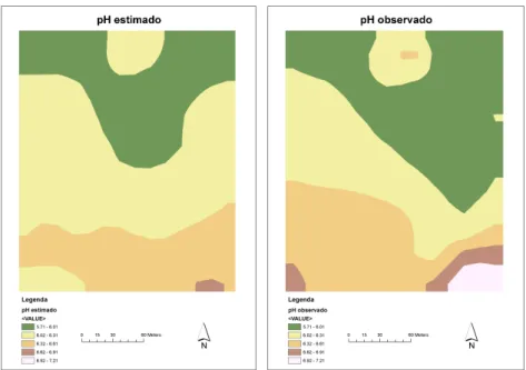 Figura 3. Mapas ilustrativos da distribuição do pH (em cima, à esquerda), da produção de  matéria seca da pastagem (em cima, à direita) e da condutividade eléctrica (em baixo: a 