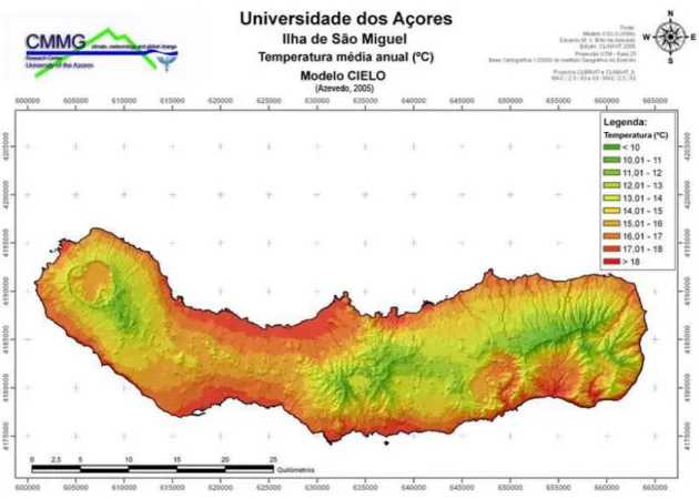 Figura 4.1 - Modelo CIELO – expressão espacial da temperatura na ilha de São Miguel (AHA- (AHA-SRAM, 2011)
