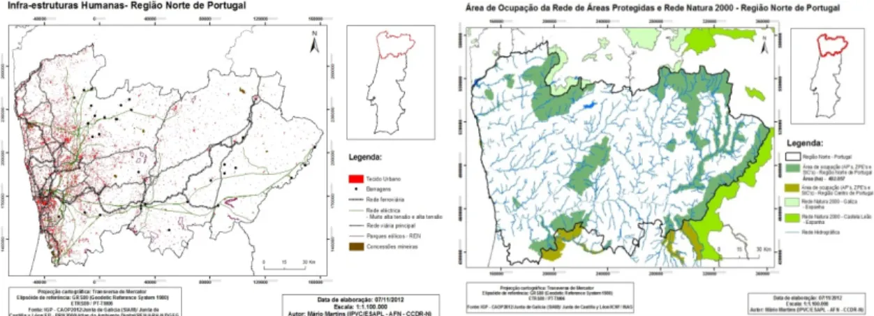Figura 2 e 3  –  Mapa  das Infra-estruturas Humanas  e Mapa  das Áreas de Ocupação da Rede de Áreas  Protegidas e Rede Natura 2000 – Região Norte de Portugal