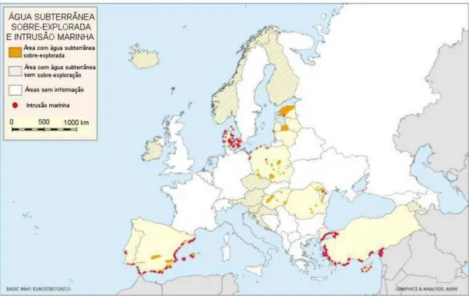 Fig.  1.6.  Esquema  representativo  das  áreas  da  Europa  onde  ocorre  sobreexploração  da  água  subterrânea e intrusão salina