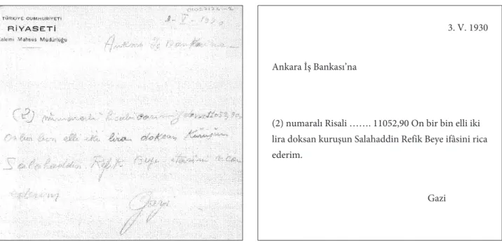 Şekil 7.  Atatürk’ün Selahattin Refik Bey’e ödeme yapılmasını isteyen yazısı. Kaynak: Cumhurbaşkanlığı Atatürk Arşivi, Belge No:01027176-2, 1930, 3 Mayıs.