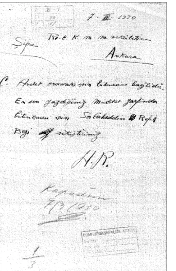 Şekil 6.  Atatürk’ün Özel Kalem Müdürü Hasan Rıza’nın Selahattin Refik’e İhtarnamesi. Kaynak: Cumhurbaşkanlığı Atatürk Arşivi, Belge No: 01016042, 1930, 7 Mart.