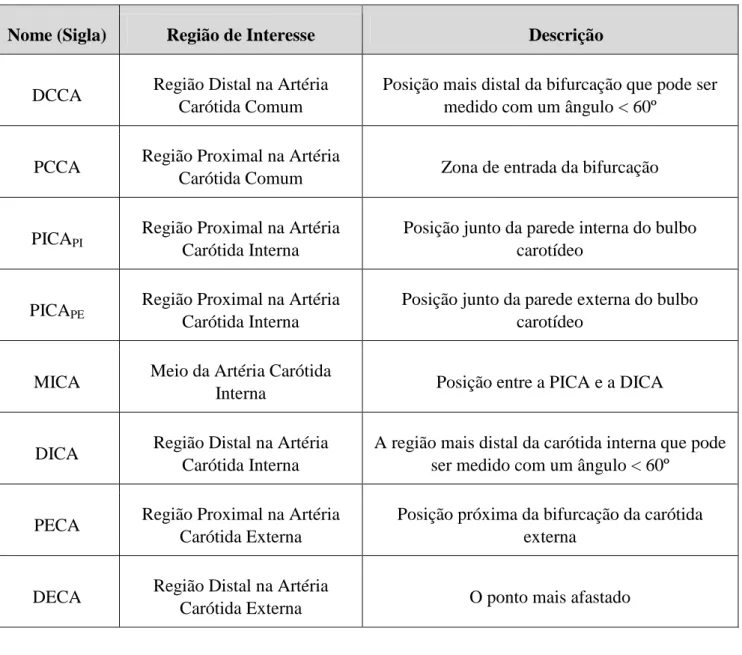 Tabela 3 - Descrição das várias regiões de interesse para análise das bifurcações da  artéria carótida