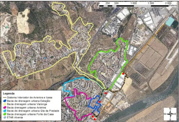 Figura 5.3 – Bacias de drenagem urbana afluentes ao sistema intercetor de Avieiros e Icesa e respetivos pontos de  entrada (a vermelho)