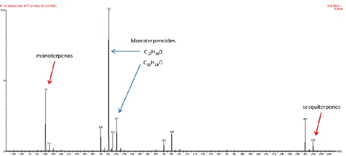 Figura 10 -  Espectro de massas obtido para a amostra de OE na análise por GC/MS mediante ionnização de campo (GC/FI-MS),  com a identificação das classes de compostos predominantes.