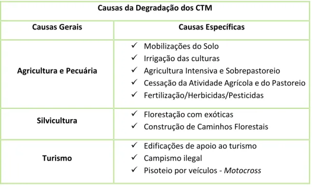 Tabela  1.1  -  Causas  da  Degradação  dos  Charcos  Temporários  Mediterrânicos  (CTM)