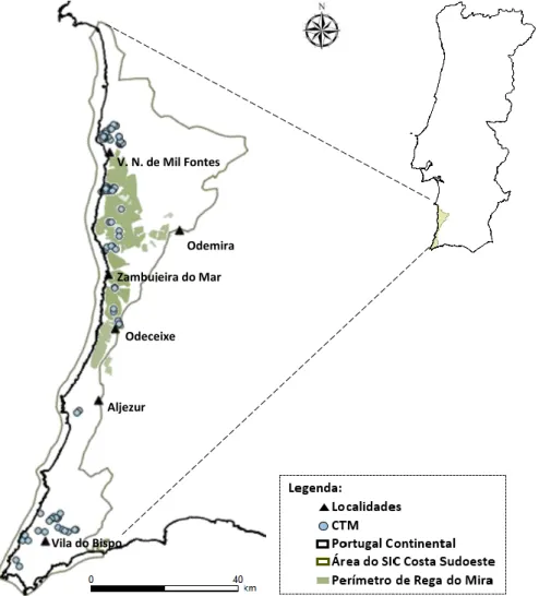 Figura 1.5– Área de Estudo. Localização dos 87 Charcos Temporários Mediterrânicos (CTM) em análise ao longo da  área de estudo (SIC ou Sítio Costa Sudoeste)