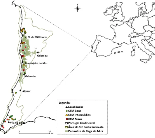 Figura 2.1 – Localização da área de estudo – SIC ou Sítio Costa Sudoeste. Localização dos 87 Charcos Temporários  Mediterrânicos (CTM), classificados em Bons (22 CTM), Intermédios (27 CTM) e Maus (38 CTM)