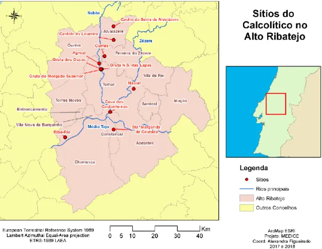 Figura 17 – Mapa de localização dos sítios do Calcolítico no Alto Ribatejo 
