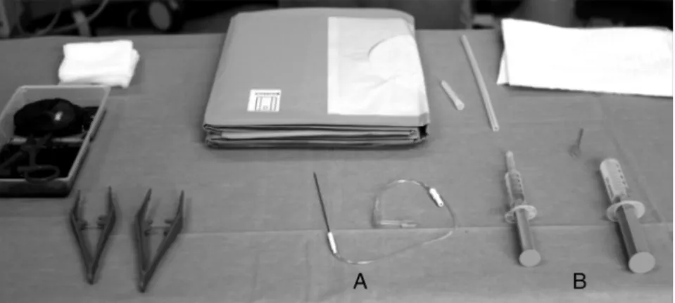 Figure 2 Radio frequency (RF) materials. In the image it is possible to see the RF needle (A), as well as the syringe with 0.2%