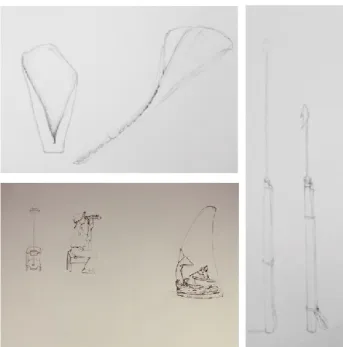 Figura 9 Desenhos de mandibulas de cachalotes, arpão e lança, um vigia num banco de vigias e de scrimshaw,  respectivamente 