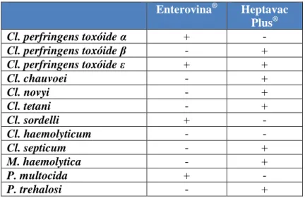 Tabela 6: Comparação da constituição antigénica das vacinas utilizadas no  controlo de clostridioses e pasteureloses nos pequenos ruminantes 