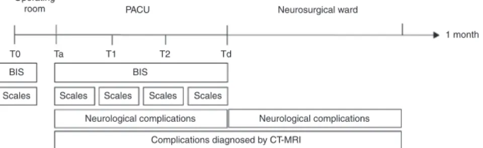 Figure 1 Chronogram of the study (PACU, post anesthesia care unit; T0, basal; Ta, admission to the PACU; T1 and T2, records in each nursing shift; Td, discharge to the neurosurgical ward; BIS, Bispectral Index; Scales, neurological scales applied; CT-MRI, 