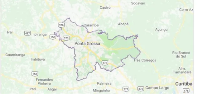 Figura 1 – Mapa do Brasil, e o Estado do Paraná indicando a localização da cidade de Ponta  Grossa e sua área urbana