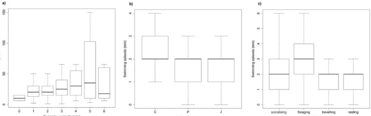 Fig. 5.  Swim episodes’ duration in relation to group size (a), boat placement (b) and activity state (c)