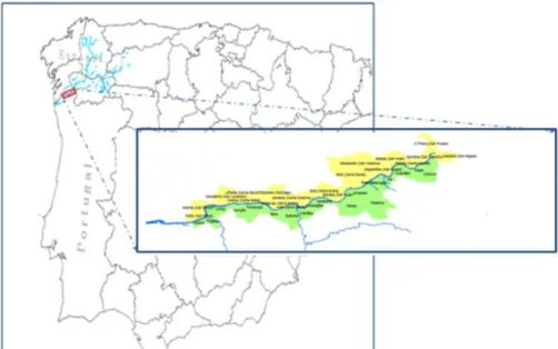 Figura 2 - Mapa de Portugal e Espanha co m área de estudo.  