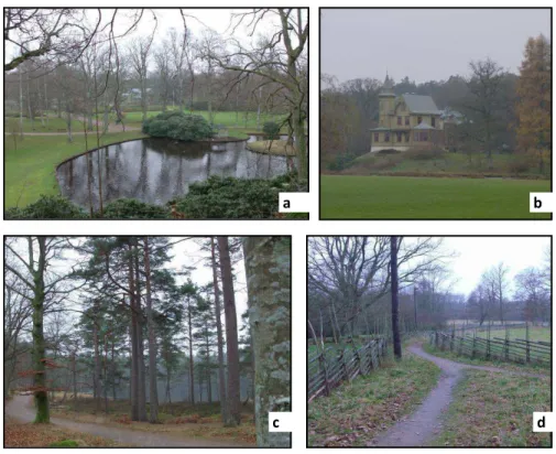 Figura 7. Diferentes vistas do Ronneby Brunn. (a) Zona do parque. (b) Palacete no parque, (c) Zona de  floresta, com Faias (Fagus sylvatica), Espruces-europeu (Picea abies) e Vidoeiros (Betula spp.), (d) Zona  de pastagem