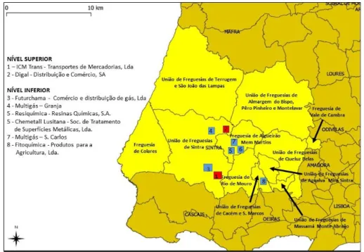 Figura 1 - Localização dos estabelecimentos industriais perigosos no concelho de Sintra