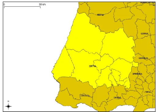 Figura 2 - Enquadramento Geográfico do concelho de Sintra.  Fonte: Adaptado INE (INE 2011)