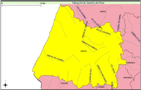 Figura 7 - Hidrografia do concelho de Sintra. Fonte: Adaptado de (CMS 2010) 