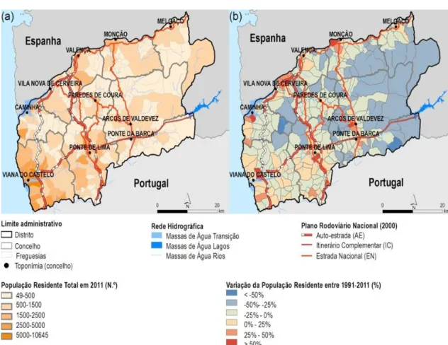 Figura 4.5 Variação percentual da população residente entre 1991 e 2011, distribuída por  local de residência (Freguesia) no Distrito de Viana do Castelo (Fonte: GeoRisk)