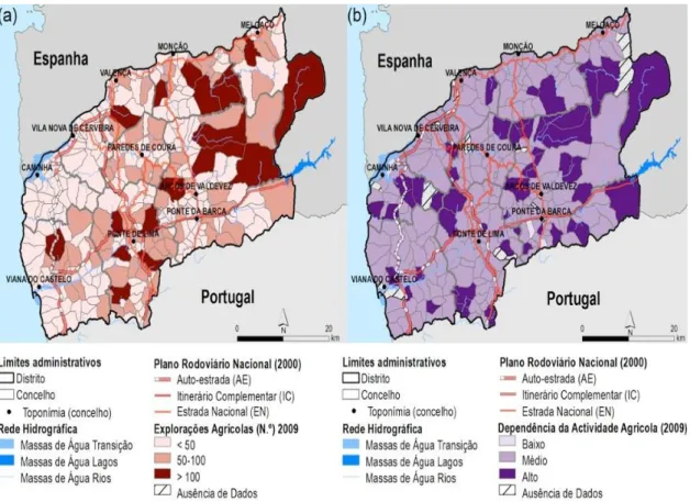 Figura  4.10  Distribuição  geográfica  do  número  de  explorações  agrícolas  (a)  e  da  dependência da atividade agrícola (b) no Distrito de Viana do Castelo em 2009 (Fonte: 