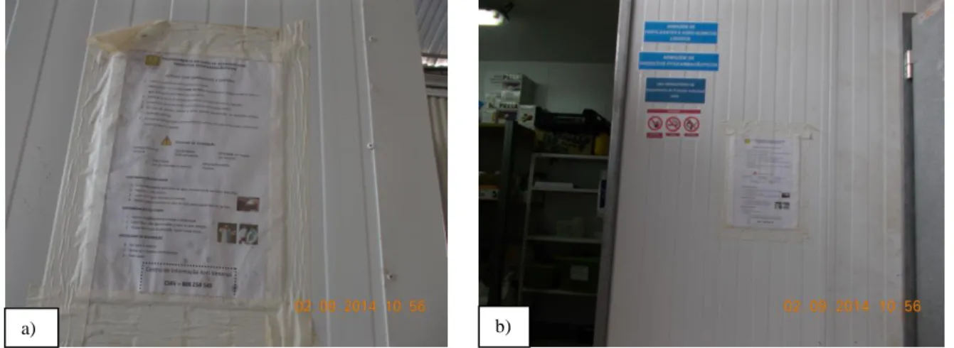 Fig. 3: Normas de Segurança e de primeiros socorros (a) afixadas no armazém de produtos  fitofarmacêuticos (b) na empresa Detalhe Campestre