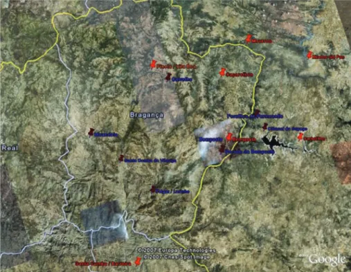 fig. 5 Mapa de Olarias do Leste Transmontano e de  Zamora (a vermelho olarias femininas; a azul olarias  masculinas).