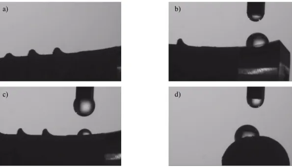 Fig. 13-Imagens de perfil (a) do teste do ângulo de contacto no momento em que a gota de SBF cai e se  estabiliza na superfície do implante de titânio-zircónio bone level na zona rugosa coronária (b) e zona 