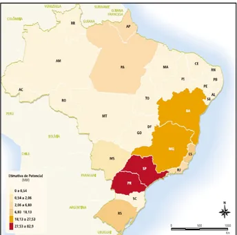 Figura 1. Potencial de geração de energia elétrica a partir de resíduos florestais no Brasil (adaptado CENBIO, 2003.) 11
